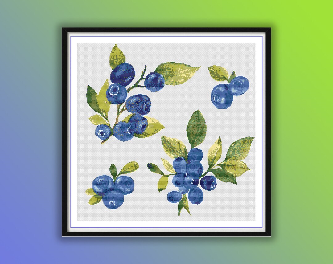 Watercolor Blueberries Counted Cross Stitch PDF Pattern, Summer Fruits