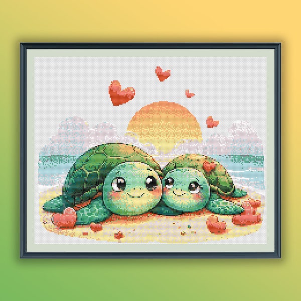 Aquarelle Sea Turtle Couple Counted Cross Stitch PDF Pattern, Animaux de mariage, Animaux de la Saint-Valentin, Broderie à la main, Point de croix moderne