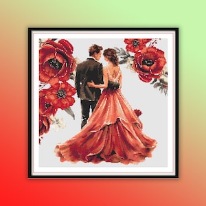 Romantic Watercolor Wedding Cross Stitch Pattern: Bride & Groom Silhouette PDF - Floral Sunset Design