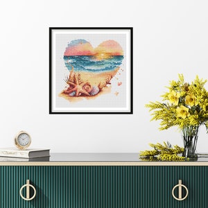 Watercolor Romantic Sunset on The Beach Counted Cross Stitch PDF Pattern, Sea Treasures, Sunset and Palm Trees, Hand Embroidery image 2