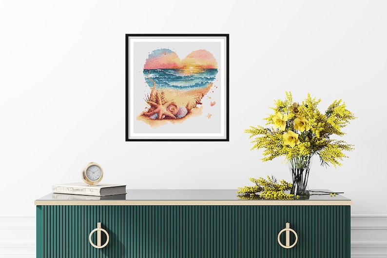 Watercolor Romantic Sunset on The Beach Counted Cross Stitch PDF Pattern, Sea Treasures, Sunset and Palm Trees, Hand Embroidery image 2