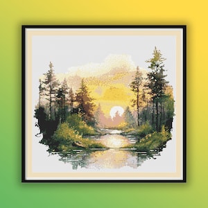 Aquarell Herbst Wald und Fluss PDF Muster, Herbst Sonnenuntergang Landschaft, Handstickerei, moderne Kreuzstichvorlage