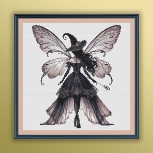 Aquarel donkere fee heks getelde kruissteek pdf-patroon, gotische halloweenheks, moderne kruissteekkaart, handborduurwerk