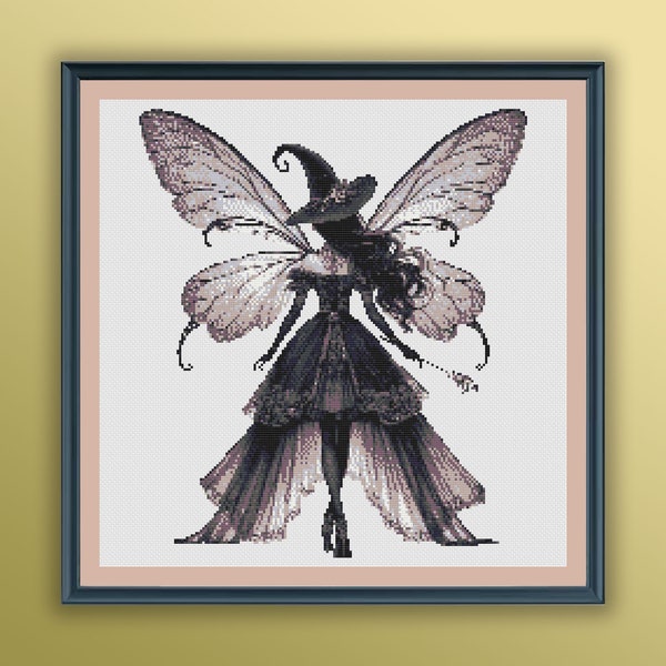 Watercolor Dark Fairy Witch Counted Cross Stitch PDF Pattern, Gothic Halloween Witch, Modern Cross Stitch Chart, Hand Embroidery