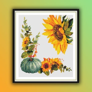 Patrón de punto de cruz contado en PDF de girasoles y calabazas otoñales, Hola otoño, punto de cruz de cosecha, bordado a mano de Acción de Gracias, bordado con aguja