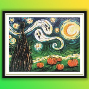 Spooky Watercolor Halloween Night Landscape Cross Stitch Pattern - Pumpkin, Skull, Bat PDF