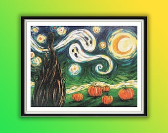 Spooky Watercolor Halloween Night Landscape Cross Stitch Pattern - Pumpkin, Skull, Bat PDF