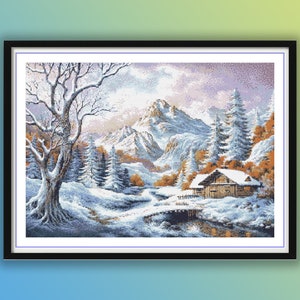 Aquarell Verschneites Bergdorf PDF Stickmuster, Kreuzstich PDF Muster, Winter Wald Landschaft, Verschneite Bäume Stickerei