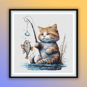 Watercolor Fishing Cat Lakeside Embroidery Cross Stitch Pattern - PDF Digital Download
