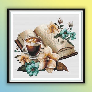 Patrón de punto de cruz contado en PDF de libros florales retro con café, acuarela, libros antiguos, gráfico de punto de cruz moderno, bordado a mano