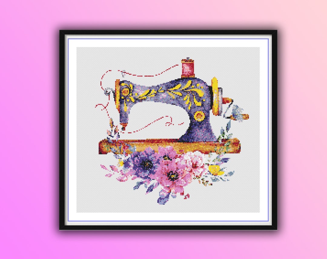 Vintage Sewing Machine Floral Embroidery Chart - Counted Cross