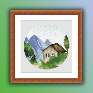 Aquarell Frühling Berge und Haus Landschaft Kreuzstich PDF Muster, Regenwald Kreuzstichmuster, moderne Kreuzstichvorlage