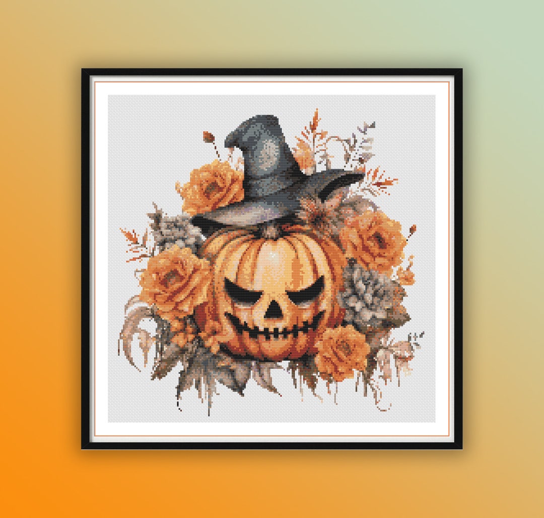 Watercolor Halloween Floral Pumpkin Counted Cross Stitch PDF Pattern ...