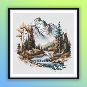 Modernes Kreuzstichmuster, modernes Kreuzstichmuster, Fluss und Berge Landschaft, modernes Kreuzstichmuster, Handstickerei