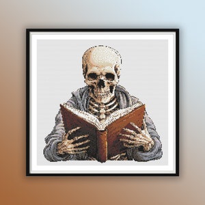 Halloween Watercolor Skeleton Bookworm Embroidery: Spooky Cross Stitch PDF Pattern for Book Lovers