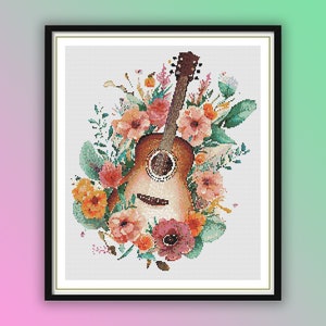 May include: A watercolor painting of an acoustic guitar surrounded by colorful flowers. The guitar is brown with a light wood finish and has a floral design on the body. The flowers are pink, orange, yellow, and green.