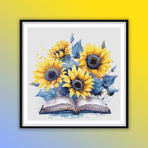 Watercolor Blue Sunflowers Counted Cross Stitch PDF Pattern, Magic Book and Sunflowers, Modern Cross Stitch Chart, Hand Embroidery