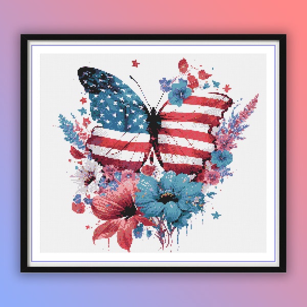 Watercolor Floral Patriotic Butterfly Flag Counted Cross Stitch PDF Pattern, USA Patriotic Cross Stitch, Independence Day 4th of July