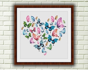Butterfly Heart Watercolor Cross Stitch Pattern: Spring Decor PDF for Counted Embroidery & Diamond Painting