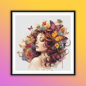 Enchanting Watercolor Fairy and Butterfly Cross Stitch Pattern - Colorful Floral PDF Download