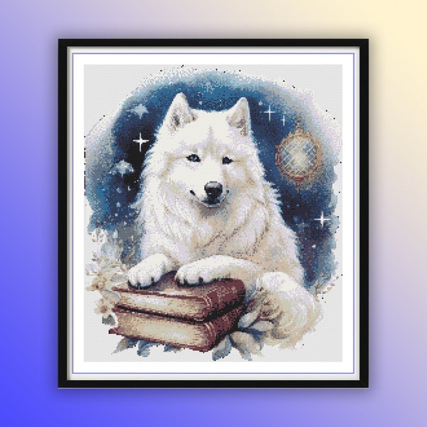 Watercolor Samoyed Counted Cross Stitch PDF Pattern, Cute Clever Dogs, Dogs and Books, Modern Cross Stitch, Hand Embroidery,