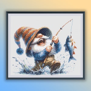 May include: A gnome wearing a brown and blue hat and outfit is fishing. He is holding a fishing rod and has caught a fish. The gnome is standing in water with splashes around him.