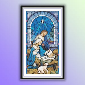 Stained Glass Nativity Cross Stitch Pattern: Birth of Jesus, Religious Embroidery PDF, Baptism Design