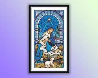 Stained Glass Style Nativity Counted Cross Stitch PDF Pattern, The Birth of Jesus, Baptism Cross Stitch, Religious Hand Embroidery