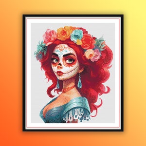Aquarel prinses Catrina geteld kruissteek pdf-patroon, dag van de dode vrouw, vrouw Dia de los Muertos, moderne kruissteekkaart