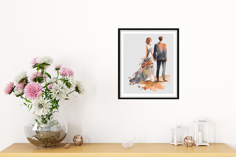 Aquarelle Bride and Groom Counted Cross Stitch PDF Pattern, Saint-Valentin, Point de croix de mariage, Broderie à la main, Tableau Needlepoint image 9