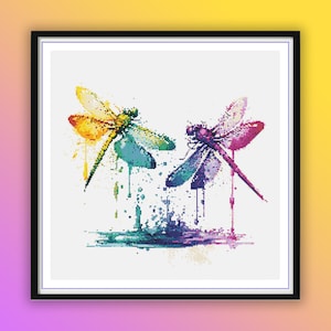 Vibrant Watercolor Dragonflies & Butterfly Counted Cross Stitch Pattern - Modern Embroidery PDF Download