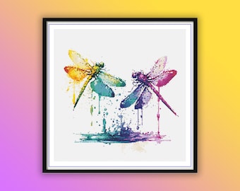 Vibrant Watercolor Dragonflies & Butterfly Counted Cross Stitch Pattern - Modern Embroidery PDF Download