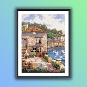 Seaside Town Cross Stitch Pattern: Rustic Summer Seascape (PDF Pattern)