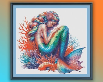 Enchanting Watercolor Mermaid Coral Reef Cross Stitch Pattern: Underwater Fantasy Aquarium PDF