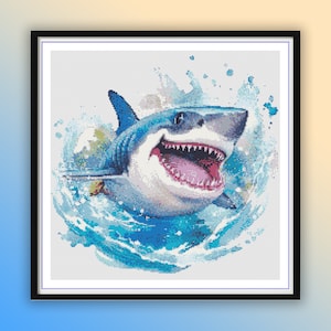 Watercolor Smiling Shark Cross Stitch Pattern: Ocean Animals (PDF Pattern)