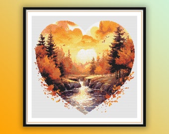Watercolor Autumn Sunset Landscape Counted Cross Stitch PDF Pattern, Autumn Woodland, Forest and River, Fall Trees, Modern Cross Stitch