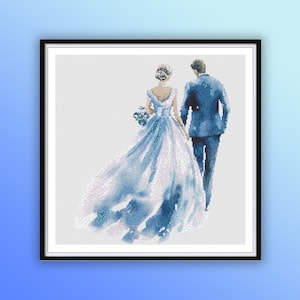Aquarell Braut und Bräutigam Kreuzstich PDF Muster, Valentinstag, Hochzeit Blau, Handstickerei, moderne Kreuzstichvorlage