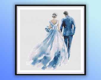 Watercolor Wedding Cross Stitch Pattern: Bride and Groom (PDF Pattern for Valentine's Day)