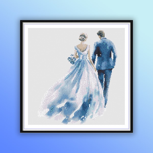 Aquarelle Bride and Groom Counted Cross Stitch PDF Pattern, Saint-Valentin, Mariage bleu, Broderie à la main, Tableau de point de croix moderne