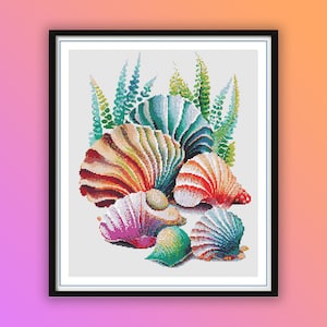 Conchas do mar em aquarela na praia, padrão em ponto cruz em PDF, náutico, marinho, tesouros do mar, bordado à mão, gráfico de ponto cruz