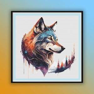 Aquarell Woodland Wolf PDF Stickmuster, Waldlandschaft, Wildtiere, moderne Kreuzstichvorlage, Handstickerei