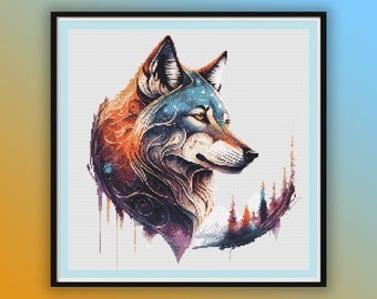 Woodland Wolf Watercolor Cross Stitch Pattern: Forest Landscape Embroidery Chart PDF Download