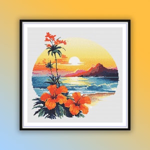 Aquarell Sommer Strand Sonnenuntergang Landschaft Kreuzstich PDF Muster, Hibiskus Blumen, Tropische Blumen, moderne Kreuzstichvorlage