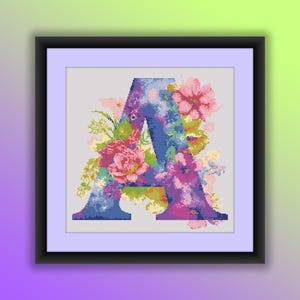 Padrão de ponto cruz contado em PDF, letra floral em aquarela A, flores da primavera, alfabeto floral, bordado à mão, gráfico de ponto cruz moderno