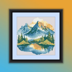 Aquarell Bergsee Landschaft PDF Kreuzstichmuster, Kiefernwald, Berge Sonnenuntergang, moderne Kreuzstichvorlage