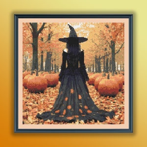Aquarel gotische Halloween heks in betoverd bos getelde kruissteek pdf-patroon, moderne kruissteekkaart, handborduurwerk