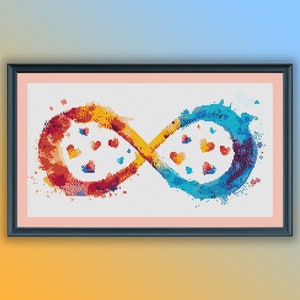 以下が含まれることがあります： 水彩画のような効果で描かれたカラフルな無限大記号。左側は赤、オレンジ、黄色のループ、右側は青と紫のループ。ループは絡み合い、小さなハートが散りばめられている。