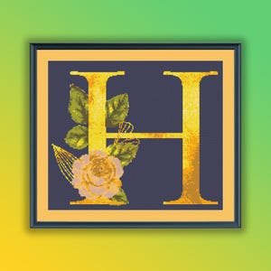 Patrón de punto de cruz en PDF, letra H dorada con motivos florales en acuarela, flores de primavera, alfabeto floral, bordado a mano, punto de cruz moderno