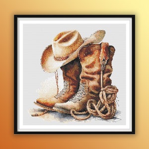 Watercolor Cowboy Boots and Hat Counted Cross Stitch PDF Pattern, Western Retro Cross Stitch, Hand Embroidery