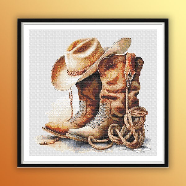 Watercolor Cowboy Boots and Hat Counted Cross Stitch PDF Pattern, Western Retro Cross Stitch, Hand Embroidery